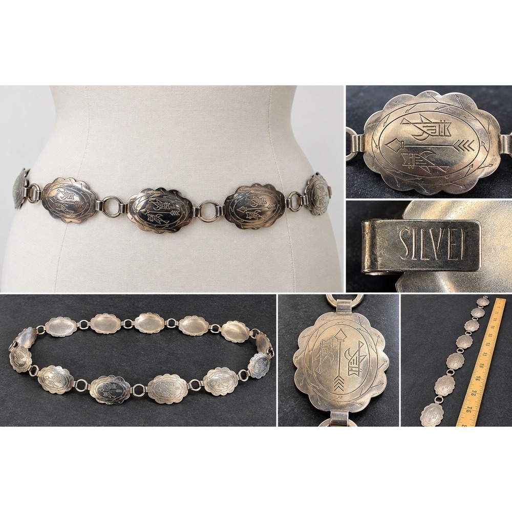 Vintage SILVEI Silver Tone Concho Belt 33" Engraved Arrow Southwestern Boho